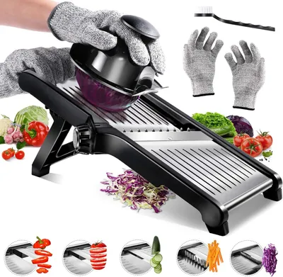 Produktbild von Gemüsehobel, Gemüseschneider, Würfelschneider, Reibe, Zerkleinerer,  Verstellbar Edelstahl Gemüsereibe Mandoline, mit Schnittfesten Handschuhen