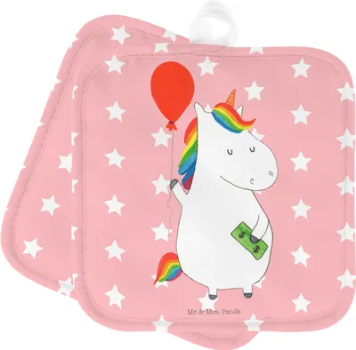 Produktbild von Mr. & Mrs. Panda topfhalter Einhorn Luftballon - Rot Pastell - Geschenk, Unicorn, Doppel Topflappen, Set, Freundin, 2er, Geld, Topfuntersetzer