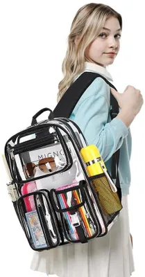 Image de Sac à dos scolaire transparent et étanche Unyqoos®, avec compartiment pour ordinateur portable de 16 pouces – TPU et polyester, 43 x 29 x 15 cm, 600 g, bretelles respirantes