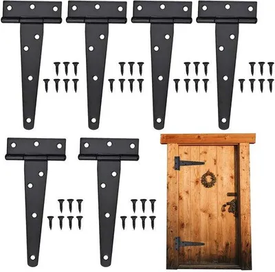 Productafbeelding van Ibenzoa® Set van 6 scharnieren voor T-profiel deuren, 100 mm – inclusief 36 schroeven, roestbestendig gecoat, 270° draaihoek, geschikt voor tuindeuren en schuurdeuren