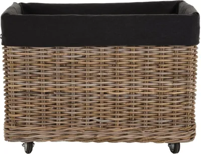 Produktbild von KRINES HOME Großer Rollkorb mit Griffen / Holzkorb mit Rollen aus grauem Natur Rattan / Aufbewahrung Holz-Wagen Räder Kaminholz-Korb Kamin Allzweck-Korb mit Inlett (Rechteckig)