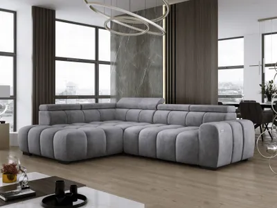Produktbild von DomoHome Freistehend Ecksofa Ombo 297x137cm, L-Form, SILBER mit Schlaffunktion 125x193cm, Sofa mit verstellbarer Rückenlehne, Strukturstoff Salvador, Verstellbare Kopfstütze