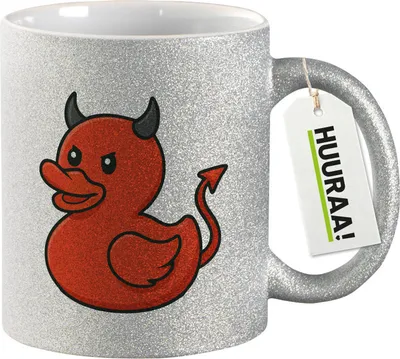 Produktbild von Huuraa Glitzertasse Quietscheente Teufel Gummiente Luzifer 330ml Silber Keramik Kaffeebecher Geschenkidee