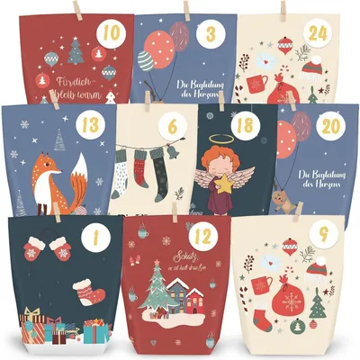 Image de Calendrier de l'Avent à remplir, 24 sachets en papier à décorer soi-même, avec des autocollants numérotés, de couleur rouge