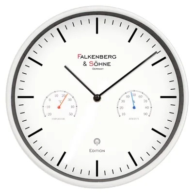 A white wall clock with two analog gauges and hands indicating time, temperature, and humidity.