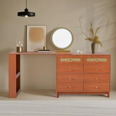 Productafbeelding van AIORBER Make-up tafel (zonder kruk), met spiegel en verlichting, 3-kleurige LED-verlichting, 8 ruime lades, geschikt voor de slaapkamer, 105x40x74cm, walnoot