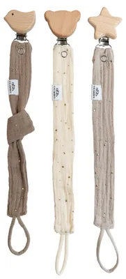 Produktbild von Schnullerketten 3er-Set Hellbeige, Creme, Dunkelbeige mit Gold, Musselin & Holz