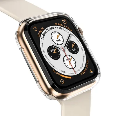 A close-up shot of an Apple Watch with a transparent protective case, displaying its watch face with multiple time zones and alarm information.