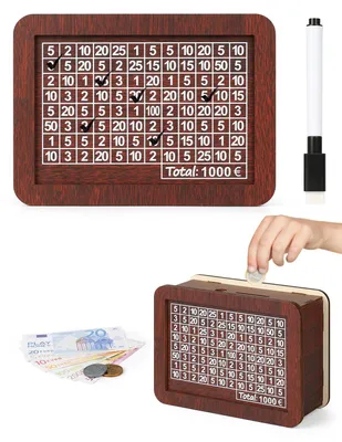 Produktbild von Spardose aus Holz mit Zähler, Spardose mit abhakten Zahlen, Spardose aus Holz für Kinder, Spardose mit Sparziel für Erwachsene
