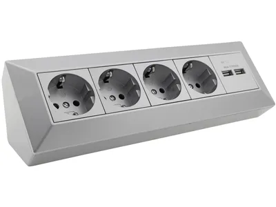 Produktbild von 4-fach Steckdosenblock + 2x USB, silber250V/ 16A, Aufbaumontage, USB 3,1A