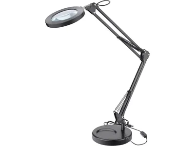 A black adjustable desk lamp with a magnifying glass is shown against a white background.