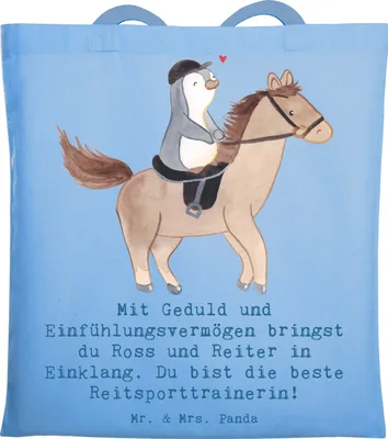 Produktbild von Mr. & Mrs. Panda Tote Bag Reitsport Trainerin Harmonie - Sky Blue - Geschenk, Pferdesport, Tragetasche, Schultasche, Shopping Tasche, Geduld, Sportart, Dressurreiten