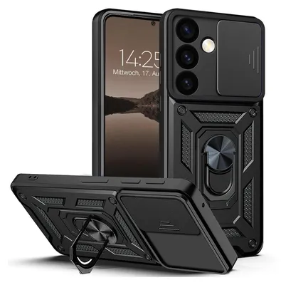 A black armor phone case with a sliding camera cover and a ring holder, shown from multiple angles.