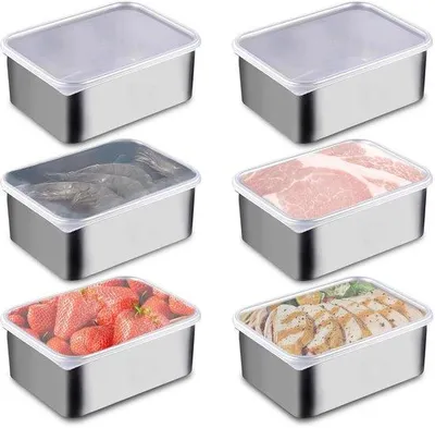 Productafbeelding van Voorraaddozen Set van 6 - Roestvrij Staal - Stapelbaar - Voedselbereidingsdozen - Transparant Deksel - 500 ml - Voedselopslag