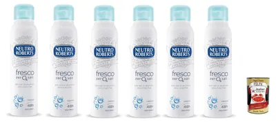 Produktbild von Neutro Roberts Deo Spray Fresco Zero% Sali ohne Aluminiumsalze 48h klassischer Duft 6 x 150 ml sanft zur Haut anti-Flecken + Italian Gourmet polpa