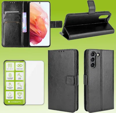 Obrázek produktu pro Pro Samsung Galaxy S21 FE Pouzdro na mobilní telefon z umělé kůže, černý kryt + sklo H9
