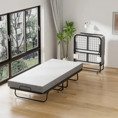 Produktbild von Vigevee Klappbett mit Matratze 90x200 cm, faltbares Gästebett mit Metallrahmen, Rollen und Staubhülle