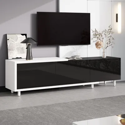 Obrázek produktu pro MODFU TV stolek, rozkládací TV nábytek s třemi lesklými dvířky a kovovými nohami, TV skříňka v moderním designu, dřevotříska, bílá a černá
