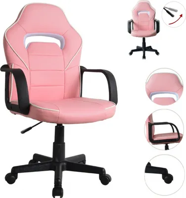 A pink gaming chair is shown from the front on a white background. There are also smaller inset images showing different angles and features of the chair.