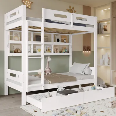 Produktbild von STILVORA Etagenbett 90x200 mit Zwei Rollenschubladen,Jugendbett mit Fallschutzgitter & offenes Regal,Kinderbett Weiß(ohne Matratze)
