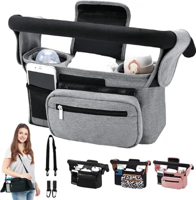 Produktbild von Babywagen-Tasche, Kinderwagen-Organizer mit abnehmbarer Handytasche und Schultergurt, 2 isolierten Getränkehaltern, rutschfestem und sicherem Haken