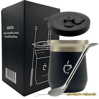 Immagine prodotto di Set yerba mate Un Mate Termolid DualFlow PRO Obsidian Black – tazza inox 230 ml, bombilla e coperchio