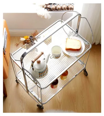 Produktbild von Klappbarer Servierwagen mit Rädern, 2 Ebenen aus klarem gehärtetem Glas, mobiler Aufbewahrungswagen, Küchenrollwagen, Barwagen, Teewagen, Weinwagen, Getränkewagen