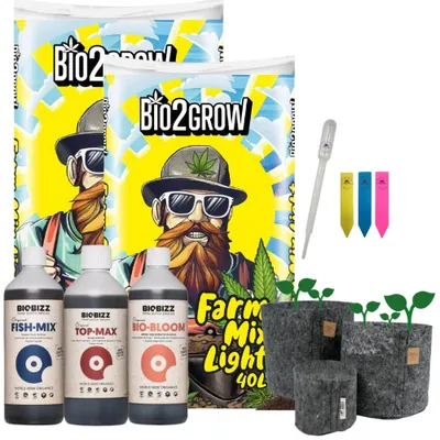 Produktbild von Outdoor-Pflanzenset mit 2x40L Erde & 3 Root Pouch Stofftöpfen (16L, grau) Advanced – Inklusive BioBizz Fish·Mix, Bloom & Top Max (je 1L)