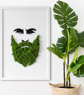 Produktbild von Moosbild mit Echtem Isländisch Moos - 40x60 cm - Weißer MDF-Rahmen - Hipster mit Bart