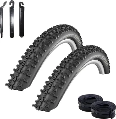 Produktbild von 2 x Schwalbe Smart Sam Fahrradreifen Lite Fahrrad Mantel Decke 54-559 (26 x 2,10") + 2 Schwalbe AV13 Schläuche inkl. 3 Reifenheber
