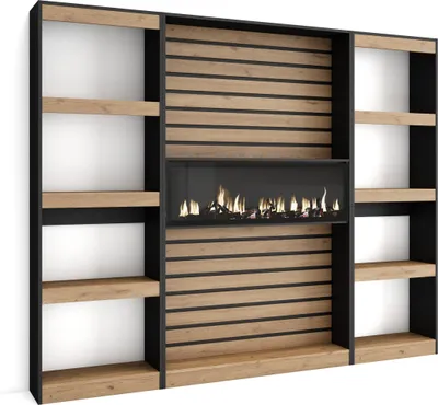 Image de COZY Étagère Bibliothèque, 230x25x186cm, Salon, Cheminée électrique, Chêne et noir