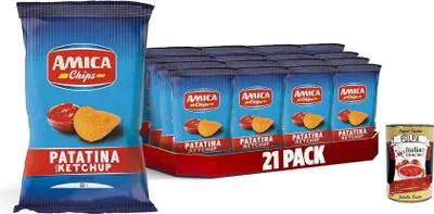 Produktbild von AMICA Chips | La Patatina Gusto Paprika, Chips mit Paprika geschmack, glutenfreier Snack, mit Sonnenblumenöl, natürliches Aroma, 21 x 50 g + Italian Gourmet polpa 400g