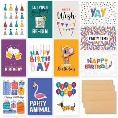 Zdjęcie produktu dla Partizzle 36x Kartki urodzinowe z koperta, Colourful Celebration, 12 wzorow, 15x10 cm