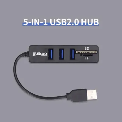 Obrázek produktu pro Multifunkční rozbočovač USB 2.0 5 v 1 s čtečkou karet TF a SD, podporuje připojení ventilátoru, myši, klávesnice, mobilního pevného disku a USB flash disku, černý