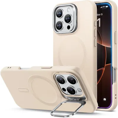 Image de Coque en silicone avec support pour iPhone 16 Pro, compatible MagSafe, couleur beige