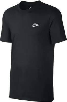 A black Nike t-shirt with a small white Nike logo on the left chest, shown on a white background.