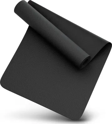 A black yoga mat, partially unrolled, on a white background.