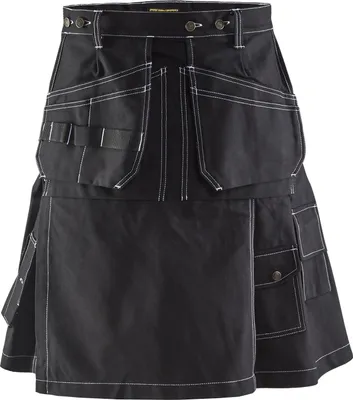 A black work kilt with multiple pockets and white stitching, shown against a white background.