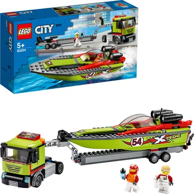 Immagine prodotto di LEGO 60254 City motoscafo trasportatore giocattolo con rimorchio e motoscafo, giocattolo da bagno galleggiante per bambini da 5 a 7 anni