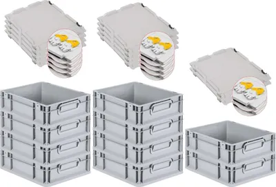 Produktbild von SuperSparSet 10x Eurobox NextGen Economy mit Scharnierdeckel und gelben Schiebeschnappverschlüssen | Griffe geschlossen | HxBxT 12x30x40cm | 11 Liter | Eurobehälter, Transportbox, Transportbehälter, Stapelbehälter