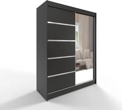 A dark gray wardrobe with mirrored doors, reflecting a living room scene.