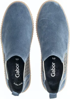 A top-down view of a pair of blue Gabor Chelsea boots on a white background.