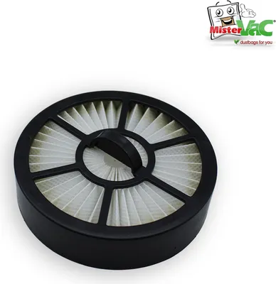 A round vacuum cleaner filter with a black plastic frame and a white pleated filter material, set against a white background. A small logo is visible in the top right corner.
