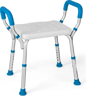 A shower chair with armrests and adjustable legs against a white background.