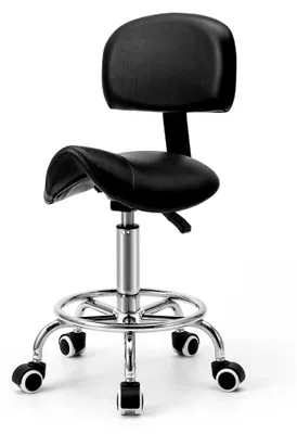 Produktbild von Sattelhocker mit Lehne – 360° drehbarer Hocker mit Rollen und verstellbarer Fußstütze | Höhenverstellbar von 49 bis 61 cm | Geeignet für Büro, Salon und Kosmetik als Rollhocker (Schwarz)
