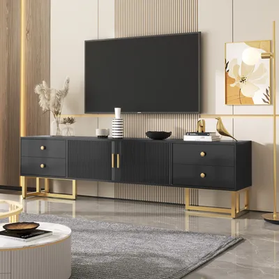 Produktbild von okwish TV-Schrank TV-Lowboard mit 2 Türen und 4 Schublade, Lange 175cm, Fernsehtisch Wohnzimmerschränke TV-Möbel mit goldenen Griffen und goldenen Füßen für Wohnzimmer, Esszimmer und Schlafzimmer, Schwarz