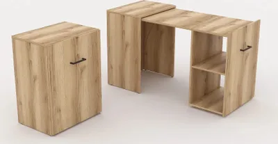 A wooden desk and a matching storage unit are shown against a white background.