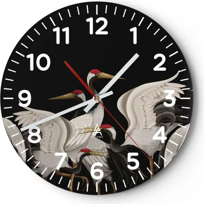 Produktbild von Wanduhr - Rund - Glasuhr - Kraniche Vögel Grafiken - 30x30cm - Schleichendes Uhrwerk - Lautlos - zum Aufhängen bereit - Dekoration Modern - Wanddekoration aus Glas - C4AR30x30-4748