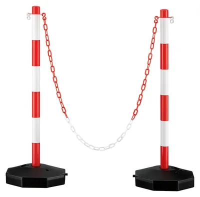 Produktbild von Kettenpfosten Absperrpfosten Abgrenzungspfosten - Rot und Weiß - 80 x 28 x 28 cm - Mit Kette 1,4 m - 4 S-Haken - Befüllbarer Fuß