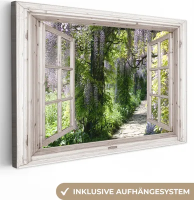 Produktbild von MuchoWow® - Leinwandbilder - Blauer Regen - Blumen - Aussicht - Baum - Frühling, Wandbild, Wanddeko Bilder Wohnzimmer, 120x80 cm